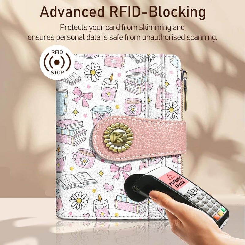 Kelvoris محفظة نسائية صغيرة لطيفة لعشاق الكتب والقهوة مع جيب بسحاب و RFID - Image 3